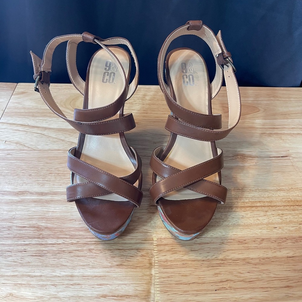 9 & Co Womens Brown Strappy Wedge Sandals‎ Multicolor Animal Print Platform 10M